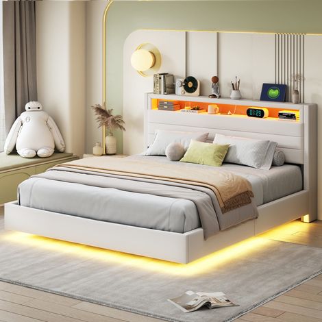 Lit rembourré 160x200 cm avec rangement hydraulique, prise USB, LED, tête réversible, lin beige – lit confortable et moderne pour chambre (1/4)