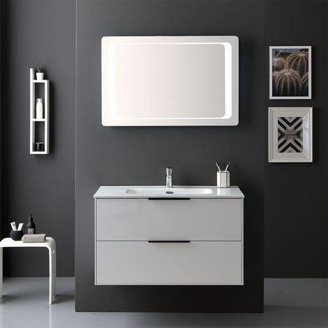 Mueble De Baño Blanco Brillante 90Cm Mango Negro Mate Y Espejo Con Led Parigi (1/5)