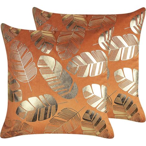 Set di 2 cuscini decorativi in velluto stampa foglie 45 x 45 cm arancione Sunflower (1/5)