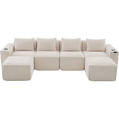 Divano modulare 4 posti in velluto a coste beige con 2 pouf, portabicchieri e tasche (1/5)