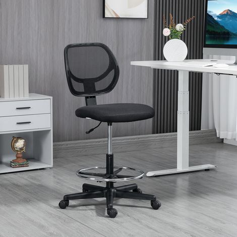 Silla de oficina alta de malla y espuma negra, ajustable 50-70 cm, con reposapiés y giro 360°, 59x61x93-113 cm (1/5)