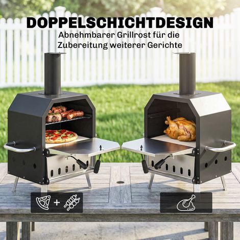 Four à pizza portable en acier inox pour extérieur, double étage avec pierre réfractaire 1 cm et pieds repliables (1/4)