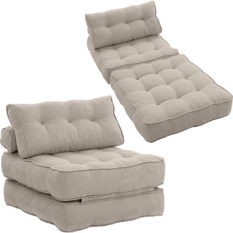 HOMCOM sofá cama 1 plaza convertible, 3 en 1, sillón de suelo plegable, sillón cama de lino, con 2 almohadas, acolchado grueso, multifuncional, crema (1/5)