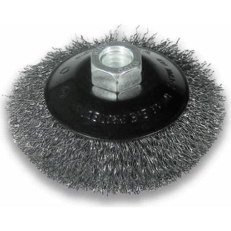 Brosse conique en acier Rhodius SKBW, avec fil d'acier ondulé pour utilisation sur meuleuses d'angle, 100 x 10 x 20 x M14 mm