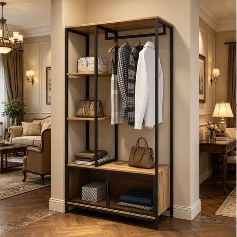 Perchero de pie abierto (90x40x167 cm), con estantes de almacenamiento, estilo industrial y vintage, MDF y metal, negro y roble claro (1/5)