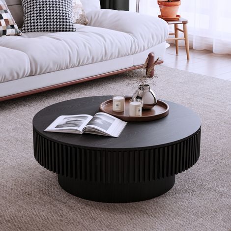 Table basse ronde 75 cm en MDF noir avec placage bois, rangement caché, style moderne - CHICFURN (1/5)