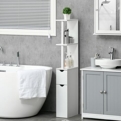 Colonne de salle de bain avec 2 étagères et 2 placards. Armoire haute gain de place, 15,2 x 29,8 x 118 cm. Blanche.