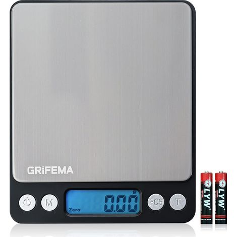 Balance de Cuisine Électronique 0,05-500g, Précision 0,01g, Plateau 10x10cm Acier Inoxydable, Écran LCD Rétroéclairé, 6 Unités de Mesure, Fonction Tare