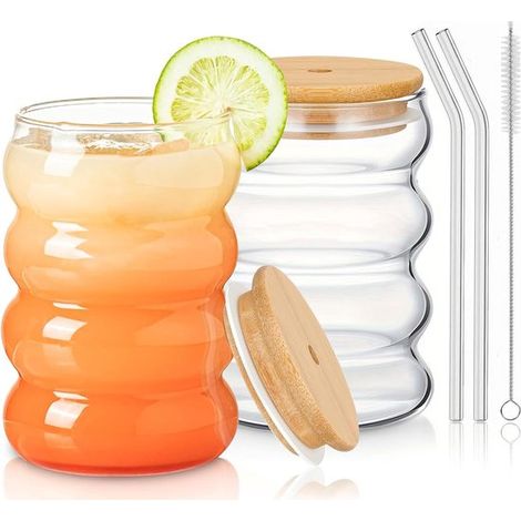 Longziming - Verre - Verre borosilicate - Côtelé - Ondulé - Compatible lave-vaisselle - Usage domestique, bar, dessert, bureau, chambre d'enfant - Lot de 2 - Transparent (1/5)