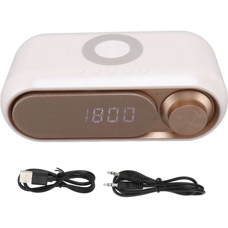 Radiowecker mit kabelloser Ladefunktion, Bluetooth-Lautsprecher, LED-Anzeige, Digitalwecker, FM-Radio, weiß-goldener Lackierung, 10 Watt. (1/4)