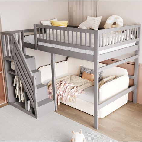 Hochbett 140x200 cm Mit Stauraum-Treppe Grau (1/5)