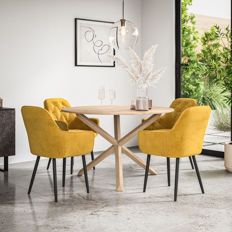 Malvern Round Dining Table And Chairs - Oak Table Top w Solid Oak Legs + Anika Velvet Dining Chair Set Of 4 (Mustard) (1/5)