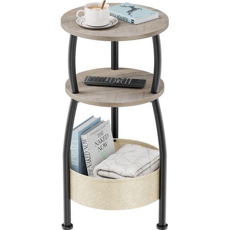 Table d'appoint ronde à 3 niveaux, petite table basse, petite table de chevet, avec sac en tissu, table de salon, panier en tissu, table de canapé pour chambre, 30 x 61 cm, métal, moderne (gris) (1/5)