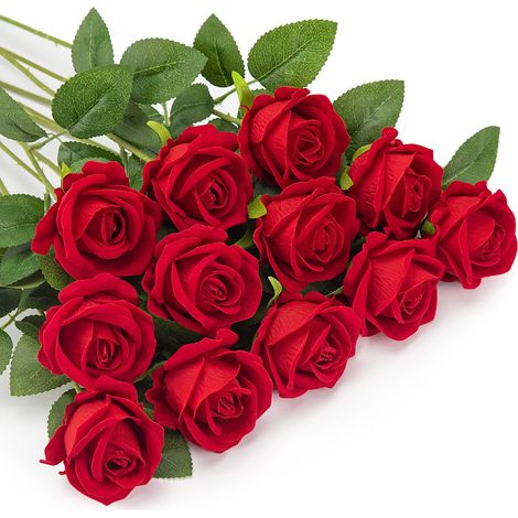 12 roses artificielles, fausses fleurs en flanelle, fleurs d'imitation à tige longue unique avec boutons de rose, fleurs décoratives réalistes (rouges)