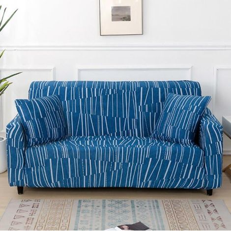 Housse de Canapé Extensible 2 Place Couverture Canapé avec Accoudoirs, lignes simples, bleu blanc (1/5)
