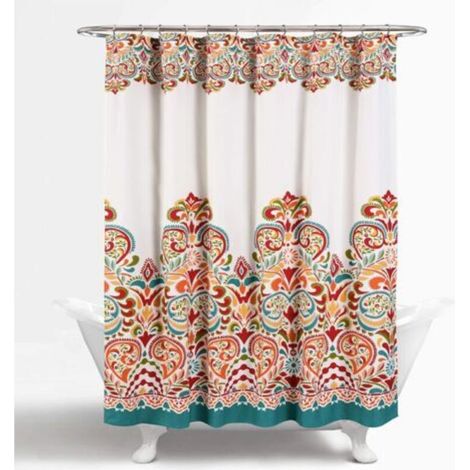 Lush Decor Clara Colorful Bohemian Paisley Print Fabric Shower Curtain, Damask Pattern, Turquoise, Mandarin 183 x 183 cm (1/5)