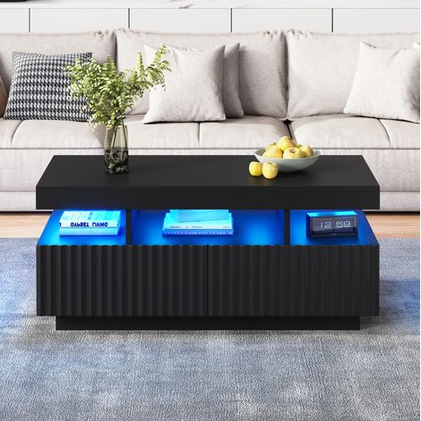 Table basse en panneau de particules 100 x 50 x 45 cm noire avec 2 tiroirs et LED (1/5)