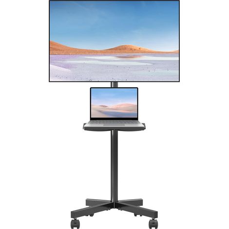 Support TV Mobile sur roulettes, Meuble TV sur roulettes pour Téléviseurs 21 à 60 Pouces avec Étagère, Support Télévision sur Pied Réglable en Hauteur et Pivotant, Charge Max 35 kg, VESA 400x400 mm