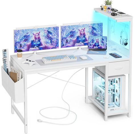 Bureau Gaming Réversible, 120x50 cm Bureau d'angle en L avec Port de Charge USB et Prise de Courant, Table Ordinateur avec Support d'écran pour Chambre Domicile Maison Blanc (1/5)