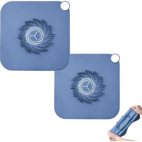 Grille de bonde 2 pièces 28 x 28 cm, crépine d'évier, filtre à cheveux, grille de bonde en silicone bleu (1/5)