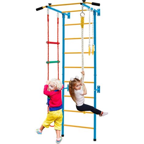COSTWAY Juego de Barra para Niños, Barra de Pared de Acero para Interiores, Barra de Tracción, Escalera de Cuerda, Cuerda y Anillos de Gimnasia para Niños 3＋ Años, Escalera Sueca de Pared (Amarillo) (1/5)
