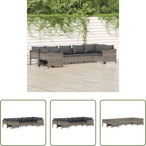vidaXL Canapé en rotin poly - Salon de jardin 7 pcs avec coussins Gris Résine tressée (1/5)