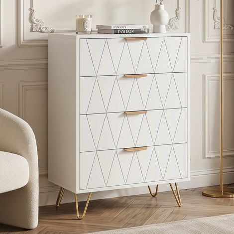 Commode avec 4 Tiroirs, Meuble de Rangement,commode en forme de losange plaqué blanc, buffet, 60×34×90 cm,Style Elégant
