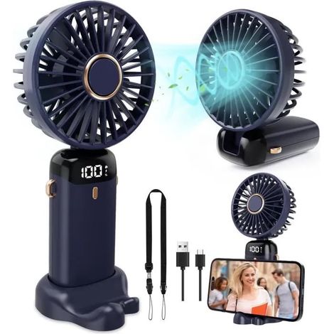 Mini Ventilateur Portable Rechargeable USB 4000mAh Ventilateur de Poche pliable 5 Vitesses avec Base Pour Maison Bureau Bleu (1/4)