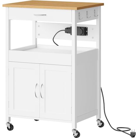 WOLTU Desserte à roulettes avec Multiprise, Îlot Central Cuisine avec Plan de Travail, 1 Tiroir, 1 Placard à Portes, 60x45x92 cm, en Bois, Blanc (1/5)