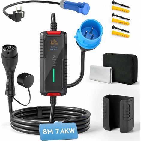 Chargeur voiture électrique - HOMCOM - type 2, 7,4kW, 32A, prise CEE, adaptateur européen, IP65 - plastique - 21x8,5x5cm - noir (1/5)