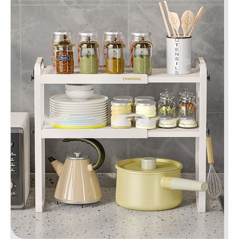 Étagère de rangement de cuisine de table en plastique blanc à double niveau, télescopique, pour cuisinière et évier, référence 8512 2 (1/5)