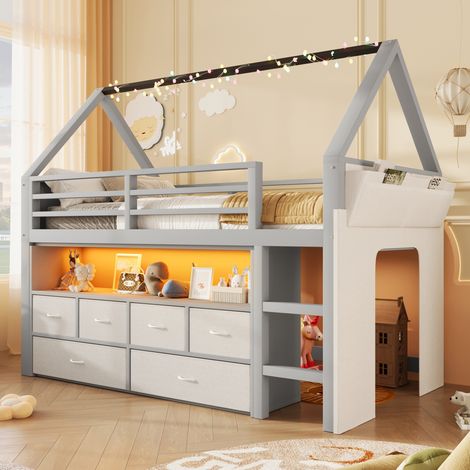 Lit mezzanine cabane enfant 90x200 cm avec 6 tiroirs en tissu, guirlande LED multicolore, rideau latéral et poche de rangement, pin et MDF, gris (1/5)
