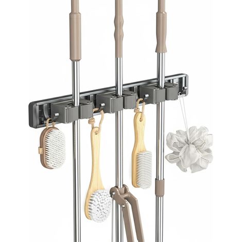 Supporto per scopa da parete, supporto per scopa da parete con 3 staffe e 4 ganci, supporto per scopa da parete in metallo regolabile senza foratura, clip per scopa da parete con viti, supporto per at