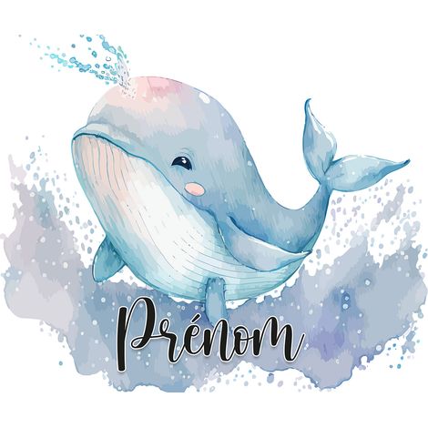 Papier peint panoramique enfant avec prénom personnalisable - Baleine - 130 cm x 84 cm (1/2)