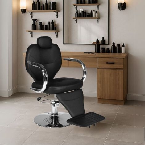 Recliner-Barbierstuhl Bobo in schwarzem Kunstleder mit Armlehnen und glänzender Chromstruktur