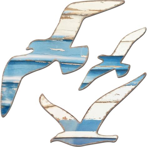 Set di tre decorazioni murali in legno raffiguranti gabbiani, arte murale a tema spiaggia, decorazioni murali (1/5)