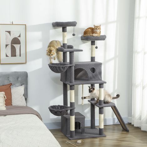 PawHut Arbre à Chat Tour de Jeux 174cm - Griffoir, 3 Lits, 2 Niches, Plateformes, 3 Jouets Suspendus, Gris