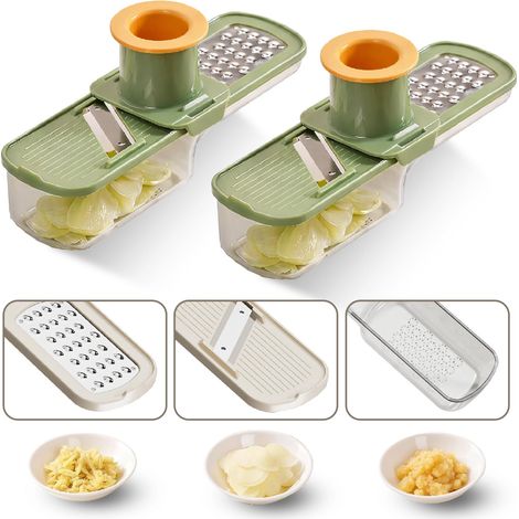 Paquete de 2 mini mandolinas 3 en 1 para cortar y rallar ajo/jengibre con protector de manos (verde) (1/5)