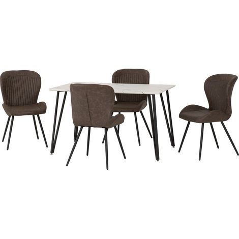 Marlow & Quebec Indoor Dining Set with 4 Chairs - White Marble/Brown