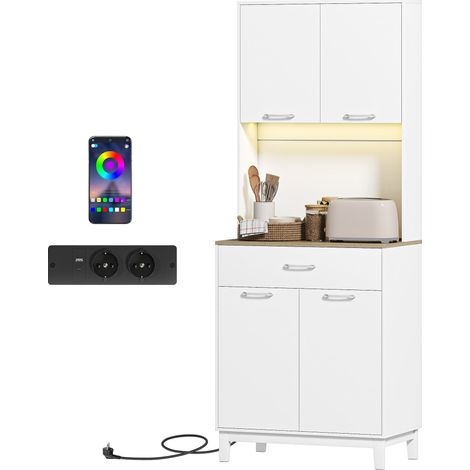 Crédence LED moderne avec prises électriques USB, 2 armoires et tiroir 71x40x180 cm Blanc