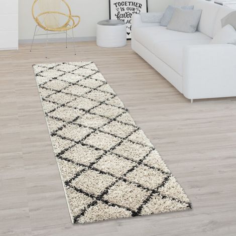 Hochfloriger, zotteliger Teppich fürs Wohnzimmer, skandinavisches Design, beiges Rautenmuster, 60 x 100 cm
