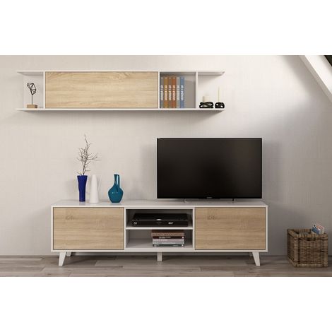 Ensemble TV coloris blanc brillant et chêne canadien - Dim : 51 x 41 x 180 cm -PEGANE- (1/3)