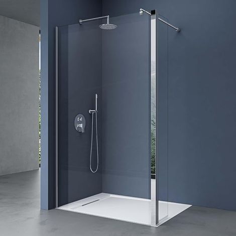 Walk-In Shower Screen 90 x 200 cm + Side Part 30 cm Safety Glass 10 mm Round Stabiliser (1/5)