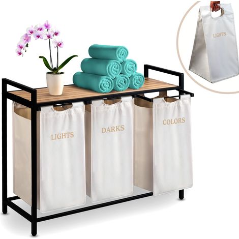 Panier à linge à 3 compartiments de 120 l - Avec sacs à linge et étagère - Beige - 93 x 72 x 32 cm (1/5)