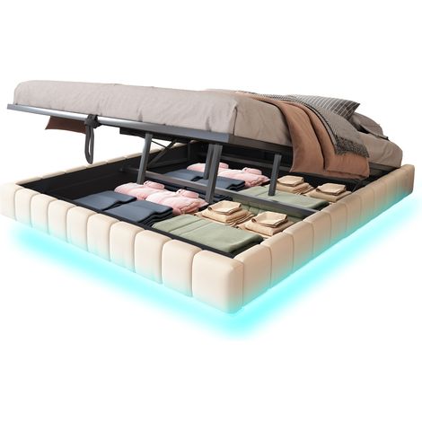 Letto Contenitore 180 x 200 cm, Letto Matrimoniale Imbottito con LED Regolabile, senza Materasso, Beige (1/5)