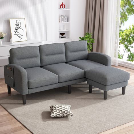 Canapé d'angle L 3 places avec méridienne et poche latérale, petit sofa salon 204x136x80 cm, gris (1/5)