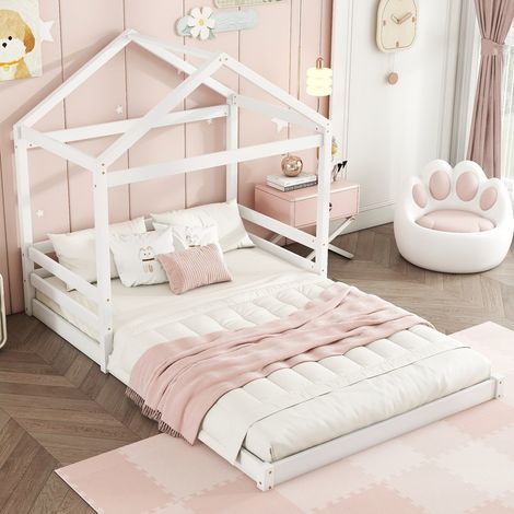 Lit cabane enfant 140x200 forme maison - Structure pin avec sommier lattes - Style minimaliste blanc - (Sans matelas) (1/5)