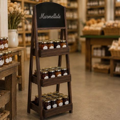 Pizarra publicitaria de madera marrón con tres cajones pequeños, para locales comerciales, altura de 136 cm. (1/5)