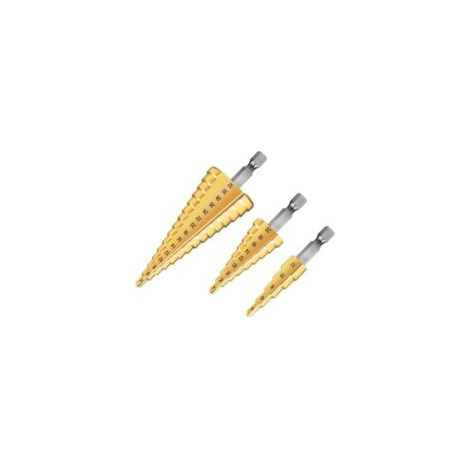 3-teiliges Stufenbohrer-Set für Metall, 4-12/20/32 mm Stufenbohrer-Set, dreieckiger konischer Stufenbohrer aus Titan, Stufenbohrer mit Sechskantschaft für Schraubendreher in Metall, Stahl, Holz, Messi (1/4)