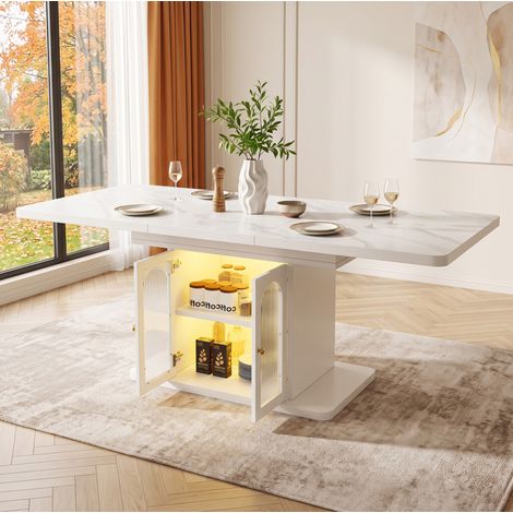 Tavolo allungabile 150/200 x 80 cm con vano contenitore, bianco effetto marmo DESVIAE (1/5)